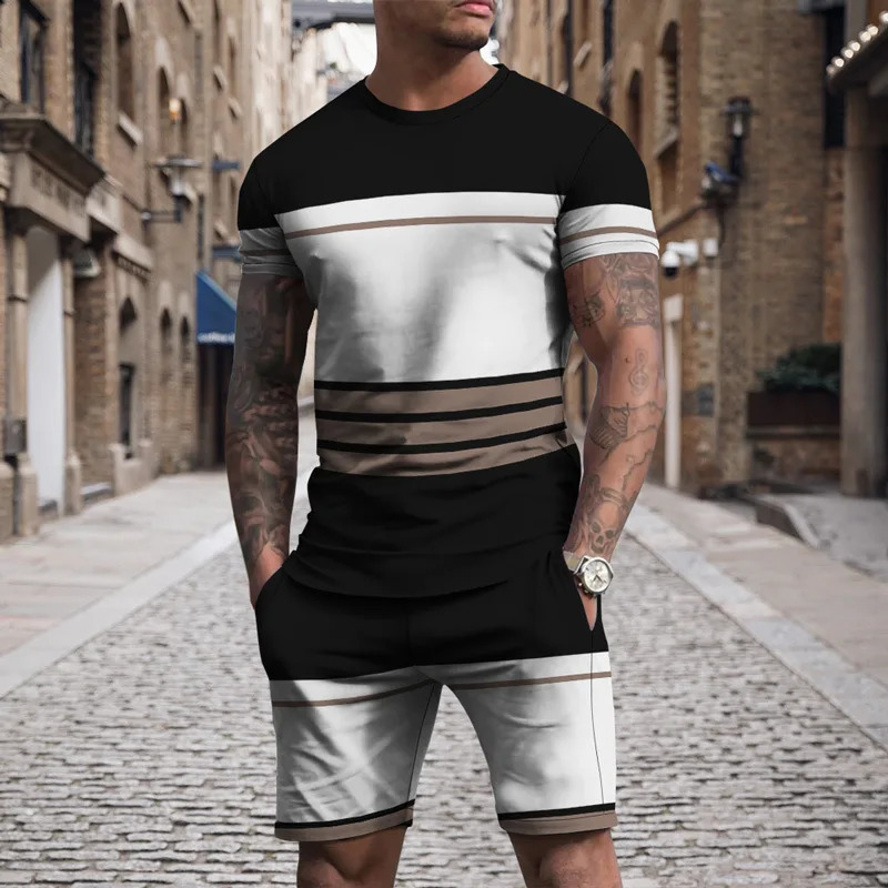 Summer Mens Sportswear Stripe Sets Short-sleeved T-shirt Suit Oversized Shorts Sports Two-piece Outfit Male Clothes 250218