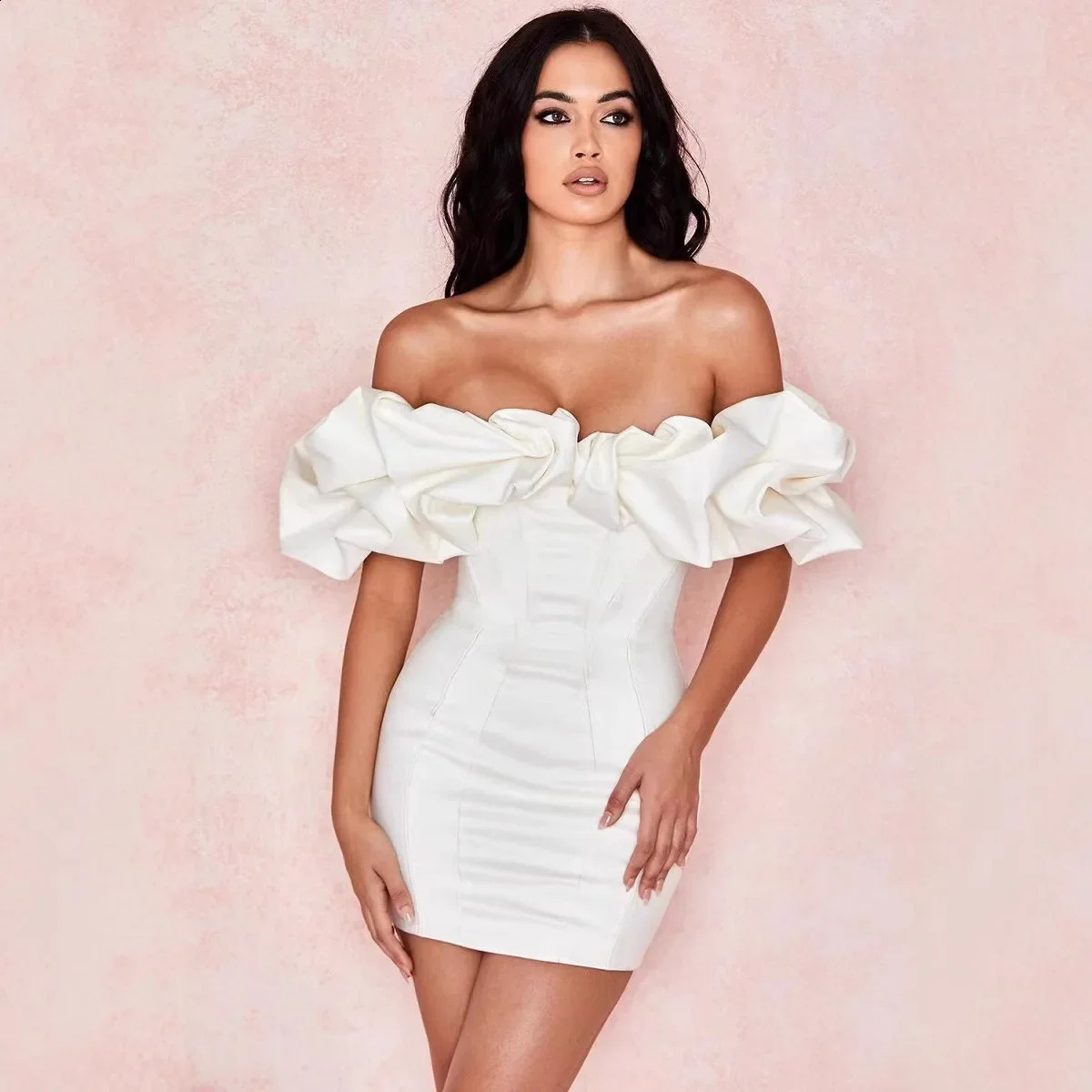 Women Party Dress Sexy Sleeveless White Ruffles Ladies Slim Strapless Empire Dinner Thin Pencil Midi Dresses 250218