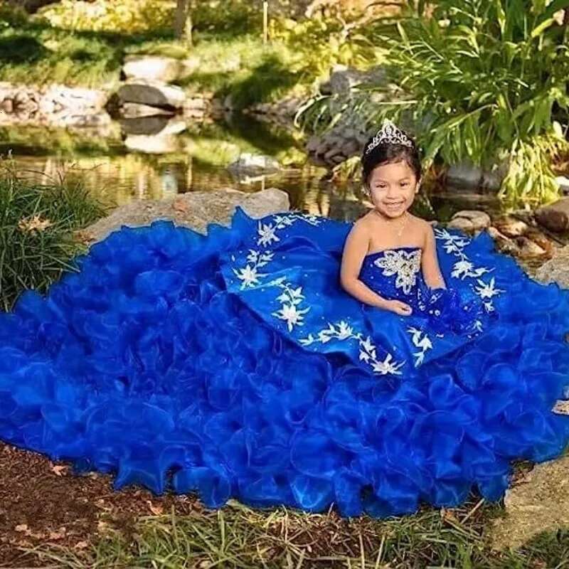 EVLAST Customized Royal Blue Cute Wer Girl For Weddings Applique Beaded Ruffles Pageant Gown First Communion Dress Fd01