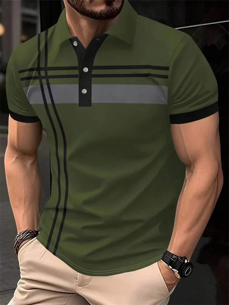 Fashion Stripe Print Polo T Shirt For Men Casual Lapel Loose Short Sleeve Tops Business Golf Clothing Comfortable Trend Tshirt 250219