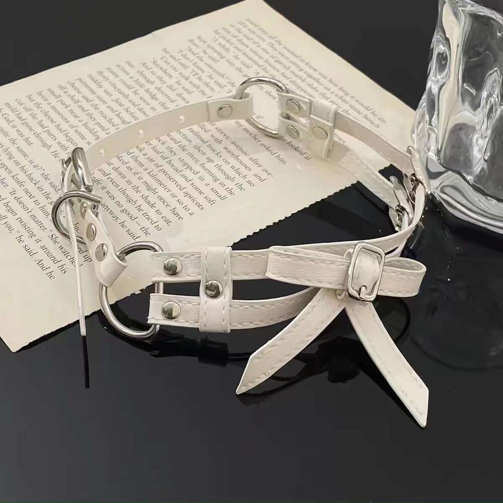 White bow leather collar, women's choker neck accessories necklace, niche high-end new style