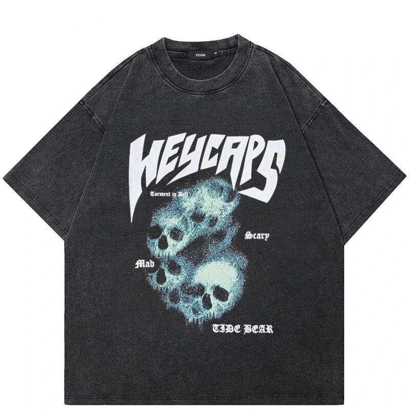 Men's short sleeved T-shirt skull oversized pattern washed black summer Korean fashion Y2k streetwear