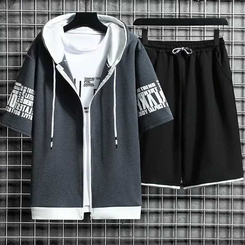 Summer Thin Mens Sports Suit 2-piece Set Casual Hooded Quick Dry Running Exercise Clothes Short Sleeve ShortsXJ250218