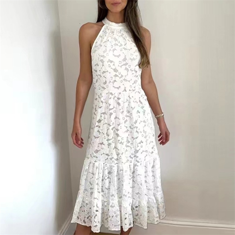 White Embroidery Jacquard Lace Crochet Dress Women Spring Sexy Halter Tie-up Long Dress Summer Sleeveless Hollow Party Dress 250218