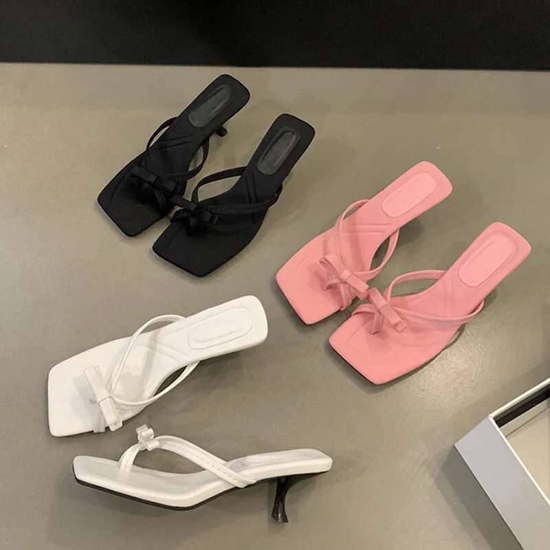 Summer Satin Butterfly-knot Clip Toe Women Slipper Sandals Thin Low Heels Party Dress Slides Ladies Shoes
