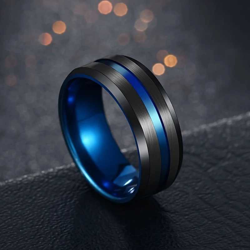 Fashion Mens Stainless Steel Rings 8mm Classical Black Blue Groove Beveled Edge Wedding Engagement Anniversary Jewelry GiftXJ250219