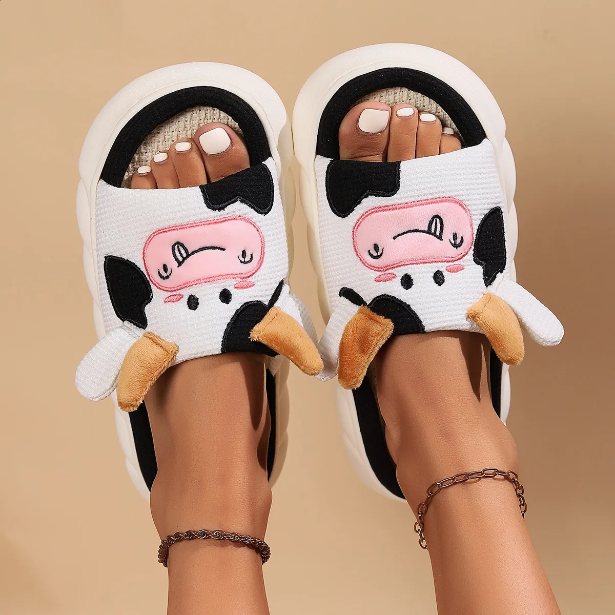 Cartoon Cute Cow House Slippers Women Platform Soft Sole Anti-slip Home Slides Woman Lightweight Warm Plush Indoor Cozy Slippers 250213