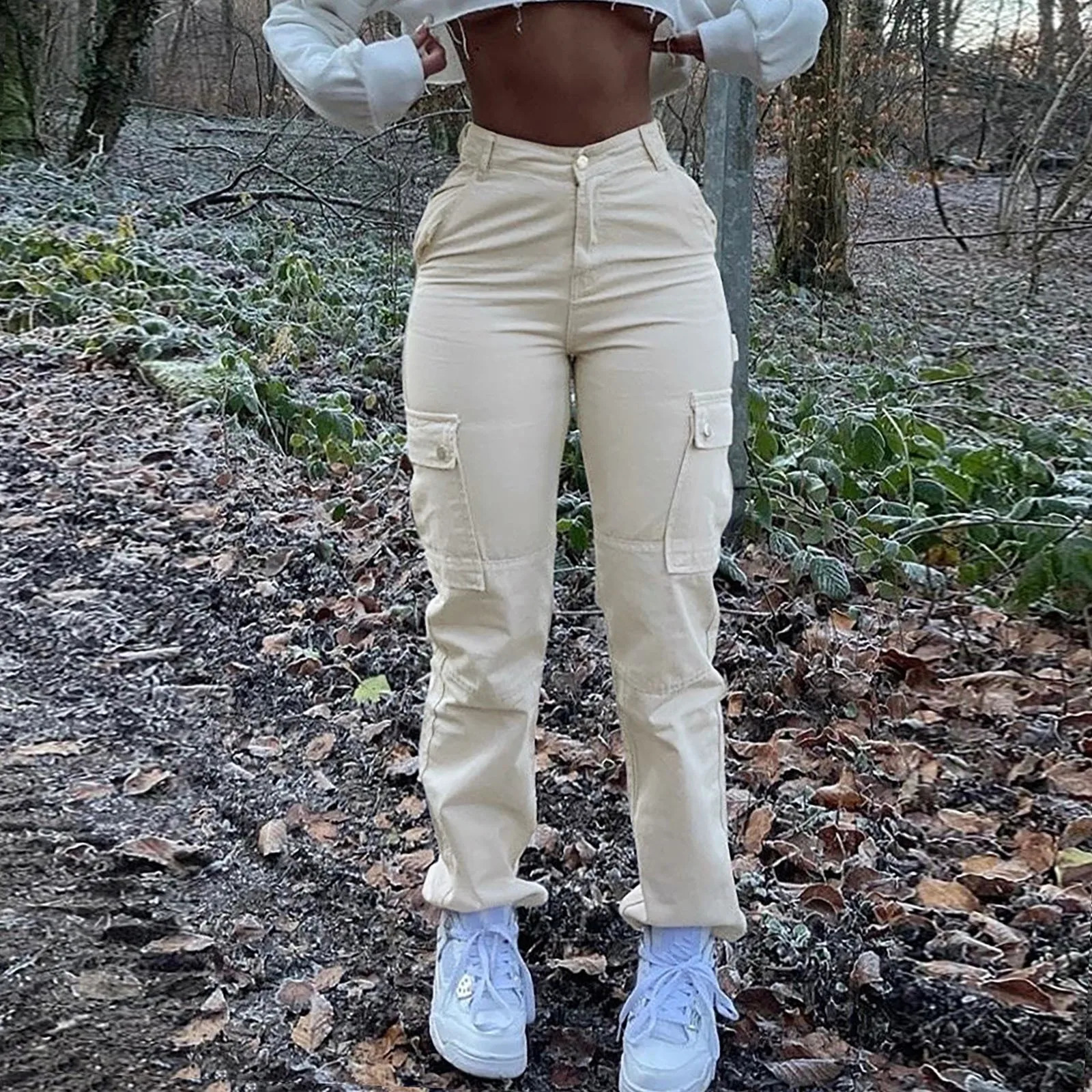 Women Fashion Cargo Pants Pure Color Multiple Pockets Zipper Front High Waist Slim Fit Pants Y2k Streetwear Simple Trousers 250218