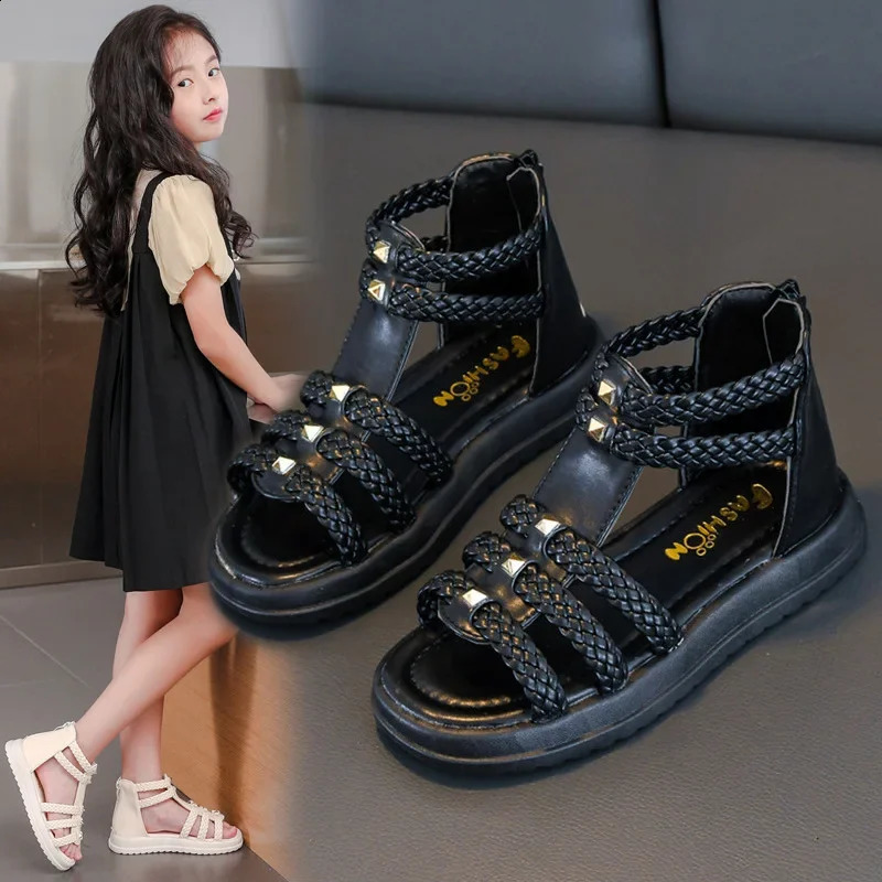 Girls Roman Sandals Open Toe Braided Solid Color High-top Simple Rivets Summer Hollow Flat Casual Shoes Kids Fashion Casual 250218