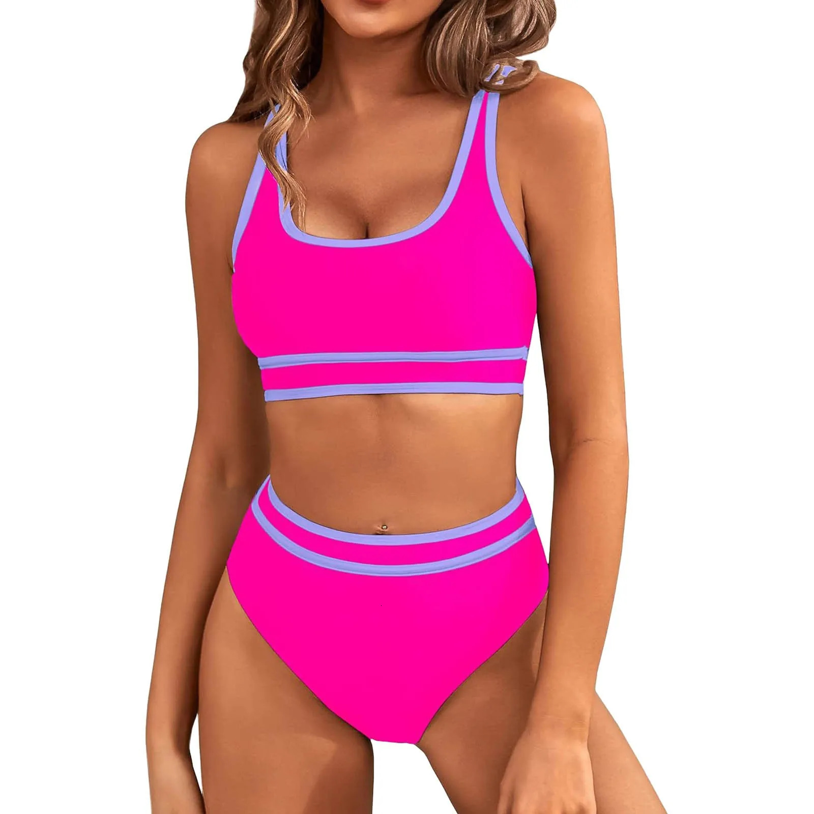 Womens High Waisted Bikini Sets Two Piece Sporty Swimsuit Solid Color White Edge n Tops For Women Bathing Suit 250219