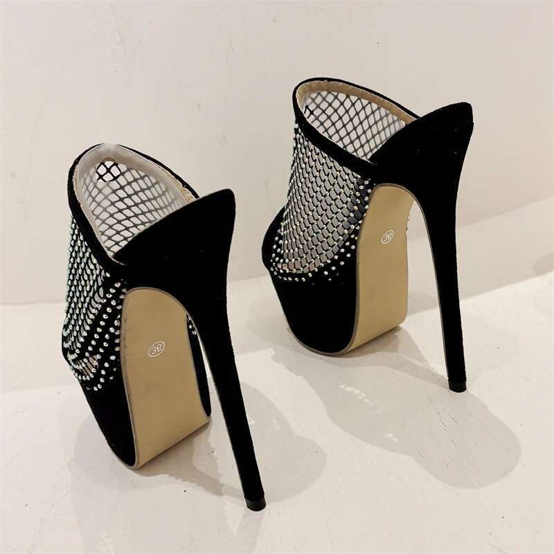 Design Peep Toe CRYSTAL Mesh Fabric Sexy Women Slippers Stiletto Platform High Heels Female Nightclub Shoes