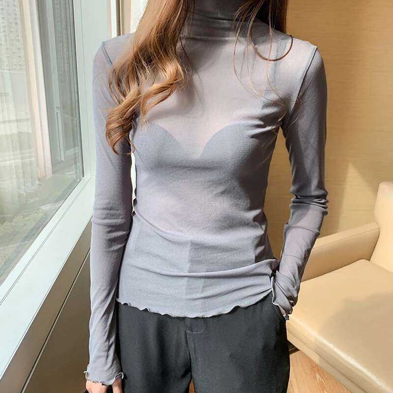 AOSSVIAO 2024 Spring Summer Women's Sexy See Through Mesh Blouse Long Sleeve Transparent Turtleneck Shirt Fashion Women Tops