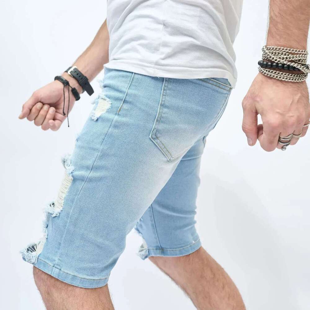 Ripped Shorts Men Summer Streetwear Slim Fit Ripped Denim Shorts Stylish Holes Solid Casual Straight Jeans Male Five-Point Pants