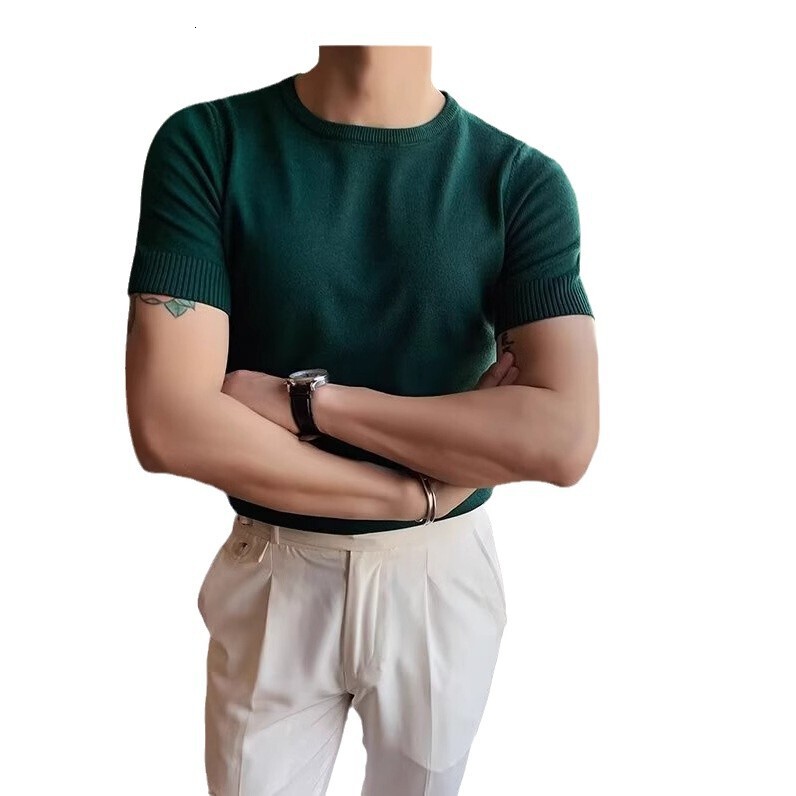 2025 New Solid Color Short Sleeved Casual Semi High Neck Designer T-shirt For Men's Spring Light Luxury Slim Fit Fashionable Short Sleeved T-shir