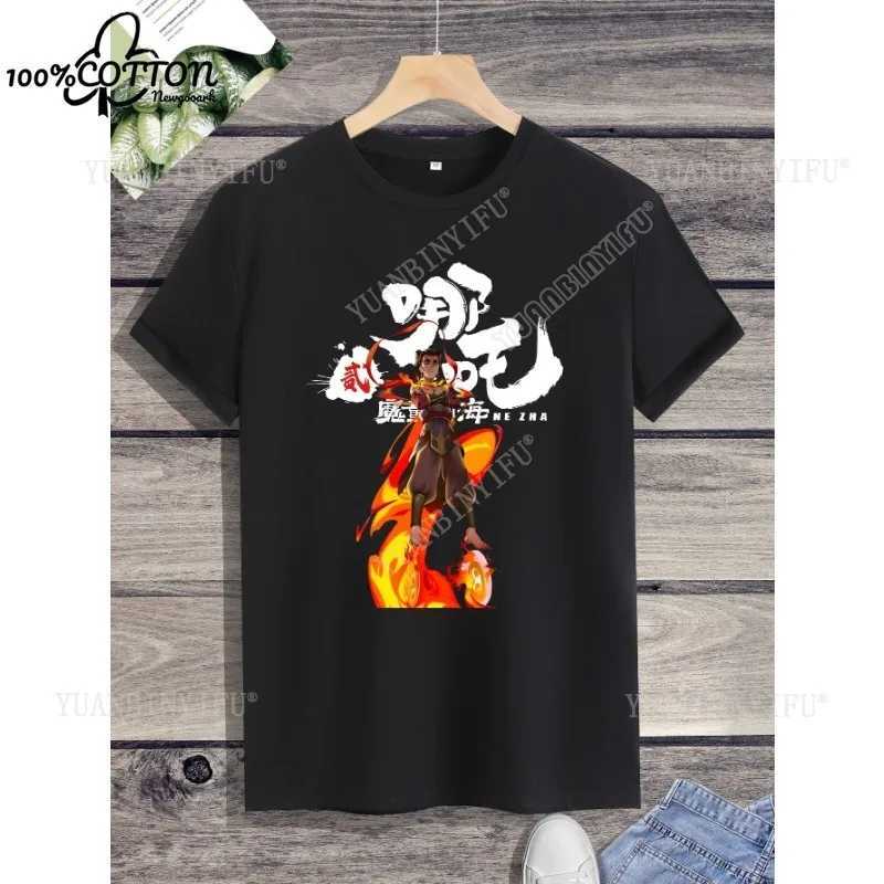 Street Fashion Animation Nezha Devil Child Nao Sea Short sleeved T-shirt Cotton Neutral Summer Cartoon Loose Solid Color S-5XL M250219