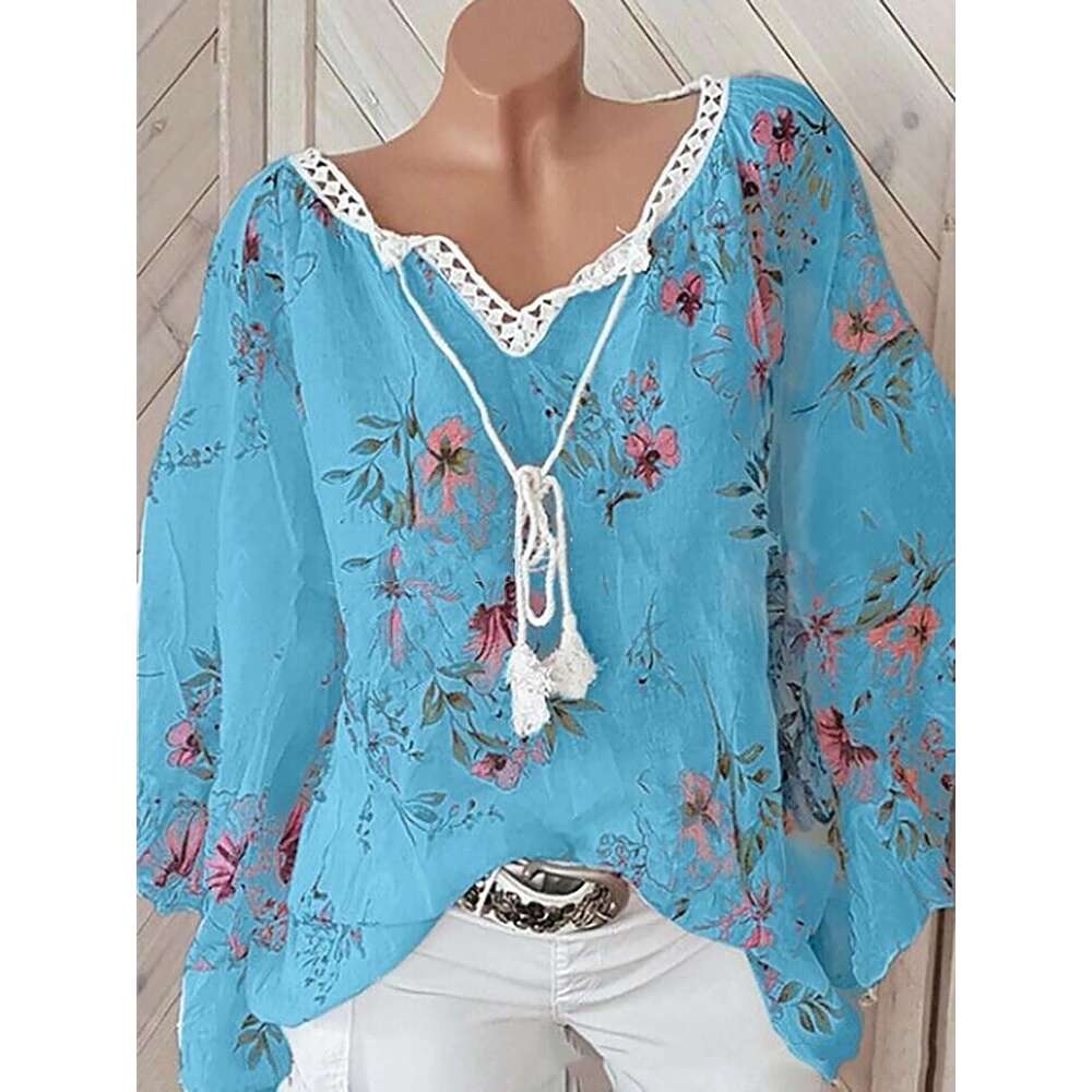 2024 Europe The United States Spring And Summer New Women's Top V-Neck Splicing Print Large Size Long-Sleeved Shirt Women