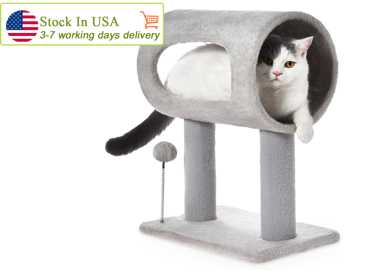 Craft Scratching Post 20.5" Tunnel Bed Carpet Tower Kitten Cat Tree with Hanging Ball for Indoor Cat, Toy, Grey, 3-7days delivery