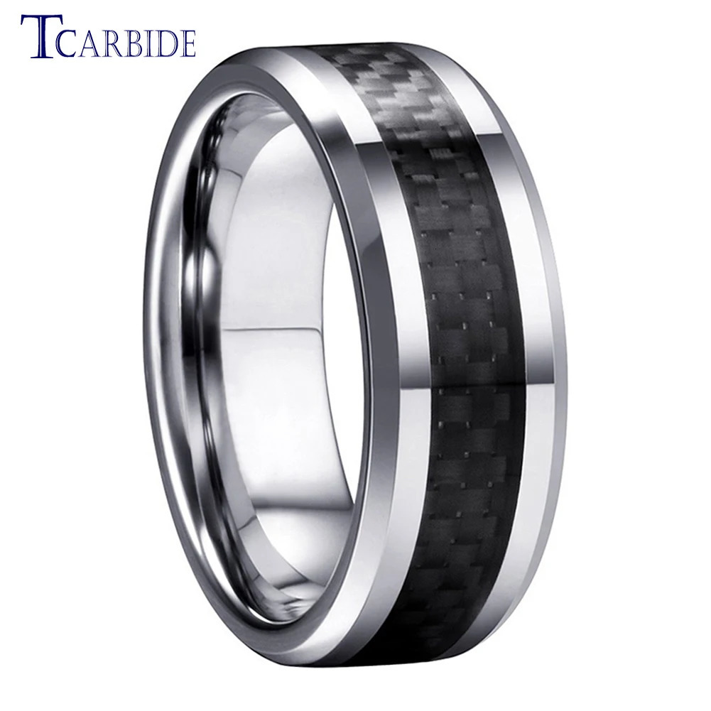 8MM Men Women Tungsten Carbide Ring With Carbon Fiber Inlay Beveled Polished Classic Gift Jewelry Comfort Fit 250218