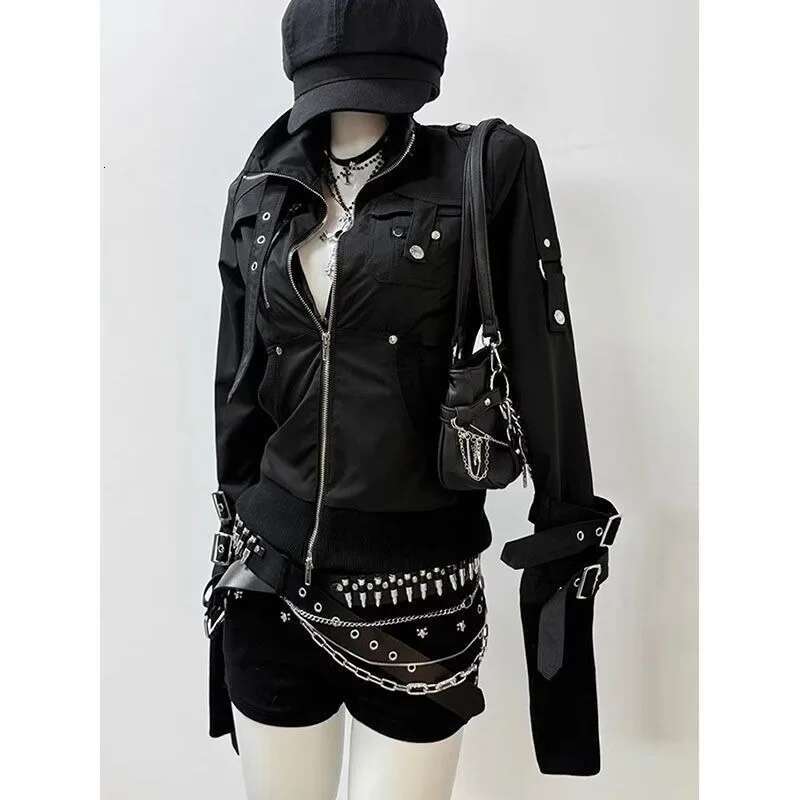 Goth Style Hip Hop Hoodies Punk Retro Moto Biker Coat Vintage Y2k Jacket Stand Collar Casual Black Outwear 2025 Spring