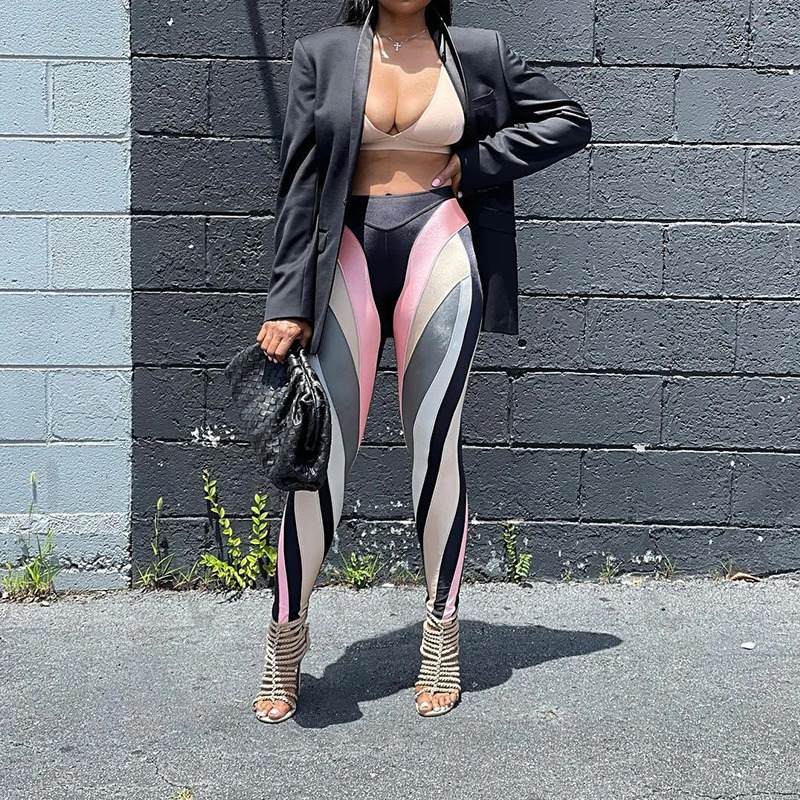 Fashion Type Hip-lifting Panelled Print Women Fitness Tight Leggings Seamless High Waist Stripe Stretch Sports Trousers 250218