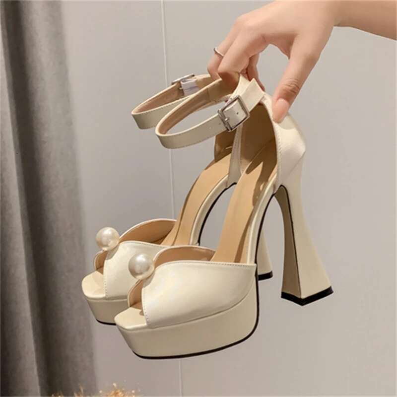 Elegant String Bead Peep Toe Silk Platform Woman Sandals Ankle Buckle Strap Square Heel Party Pumps Shoes atos Mujer