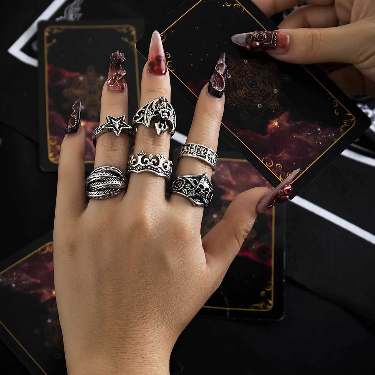 KunJoe 6pcs/set Halloween Jewelry Gothic Metal Skull Head Five Point Star Ring for Men Punk Silver Color Rings Party GiftXJ250219