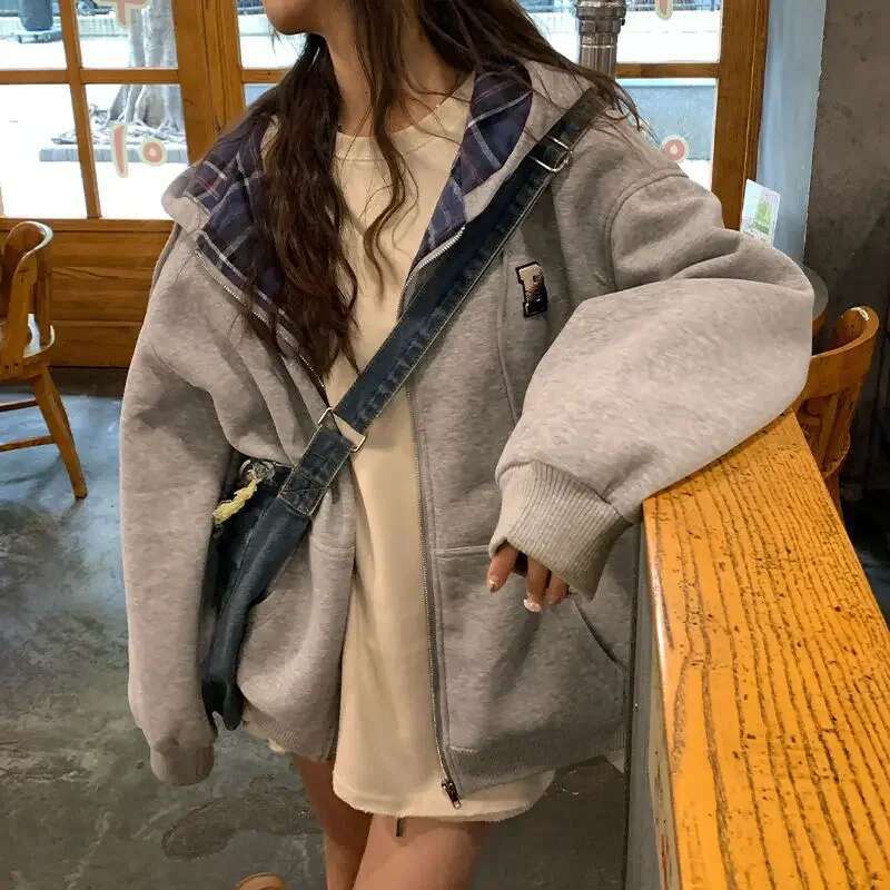 Brown Zip Up Hoodie 2023 Autumn Lattice ing Long Sleeve Casual Oversized Sweatshirt Solid Jacket Women Clothing