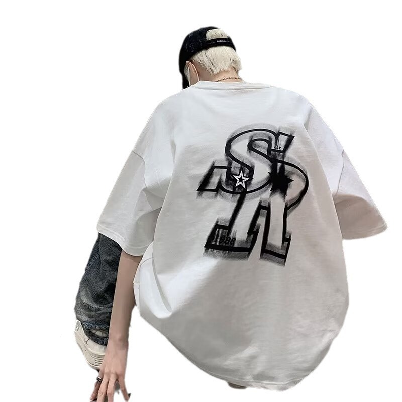 Solid Color Short Sleeved Summer New Designer T-shirt Fashionable Clothing Oversized Hip-hop Personality Retro American Commercial Street Men's C