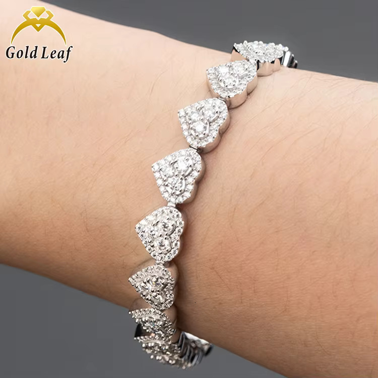 Goldleaf Sterg Sier VVS Dia Bracelet Hiphop Heart Shape Bangles Iced Out 8mm Moissanite Cuban k Chain