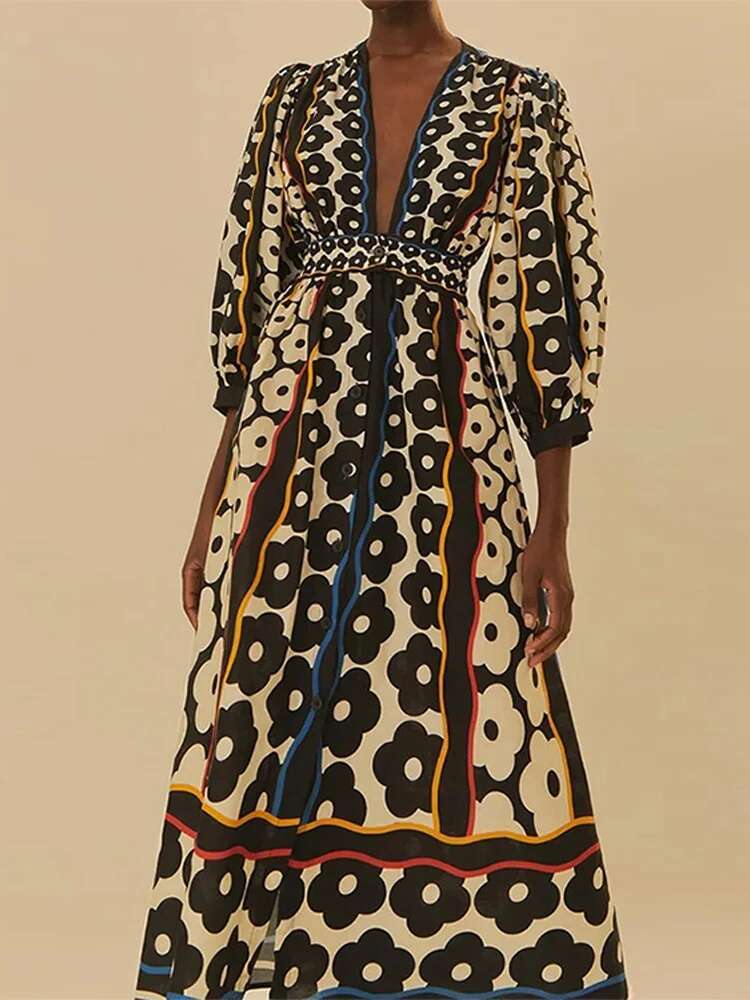 Printed Deep V-Neck Dresses Women Elegant Long Puff Sleeve Vintage Maxi Dress Spring Lady High Waist A E Loose Robes