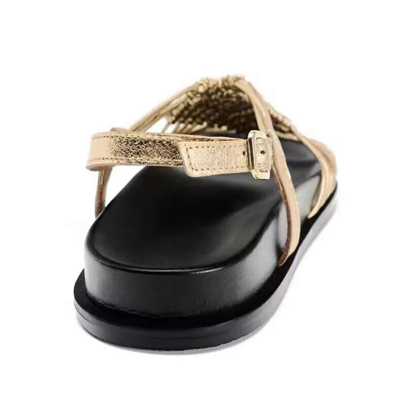 Summer woven beach women sandals buckle strap slides