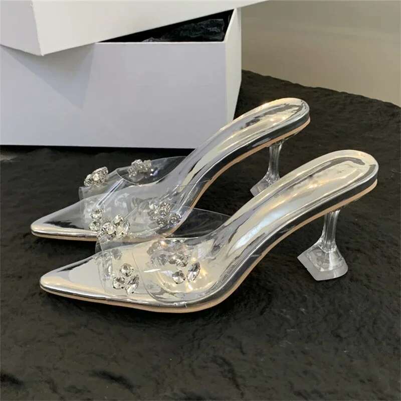 Sexy Crystal Dia PVC Transparent Pointed Toe High Heels Women Slippers Sandals Summer Slide Ladies Shoes