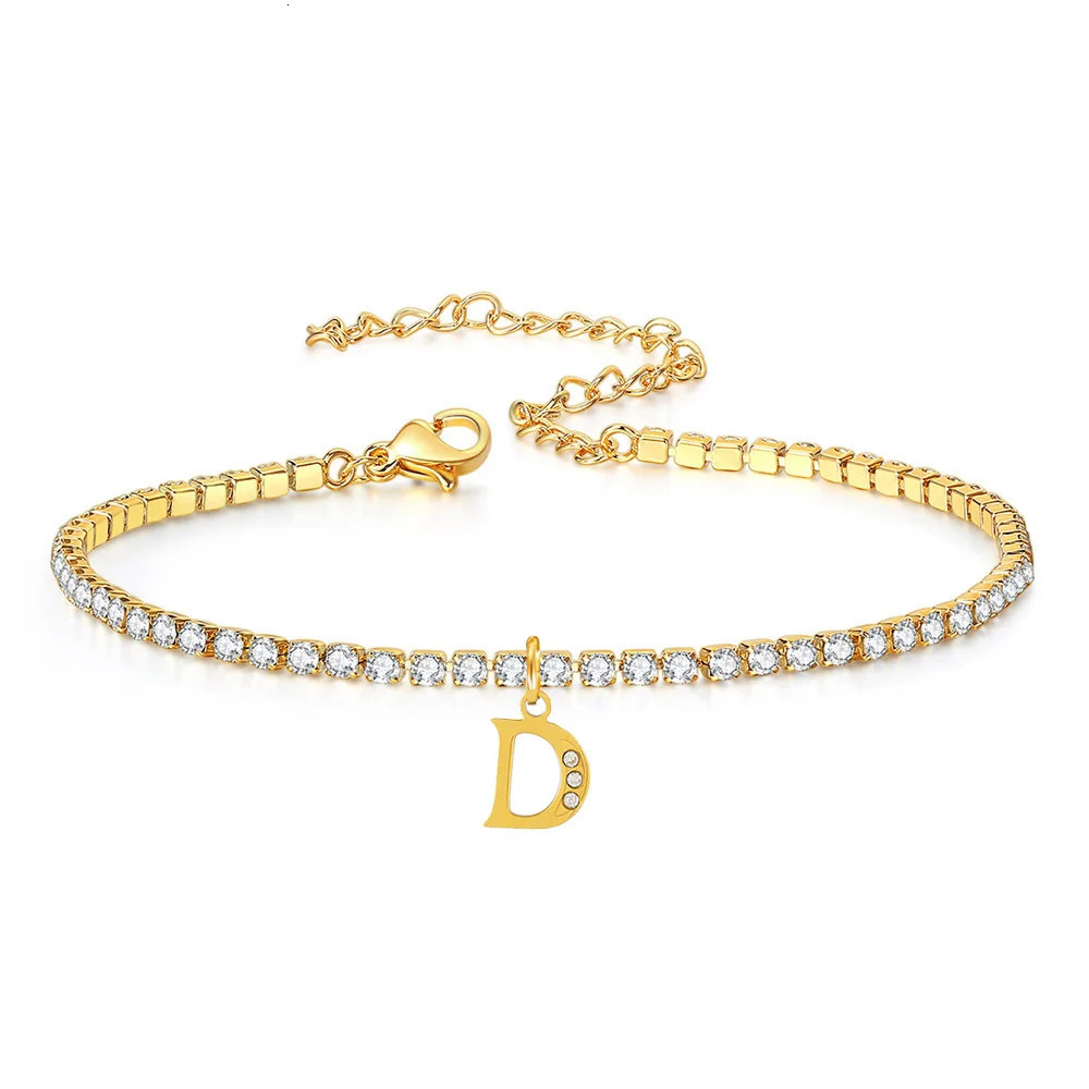 Drop Classic AZ CZ Zircon 26 Initial Pendant Charm Bracelet Women 2MM Tennis Chain Stainless Steel Wedding Jewelry 250213