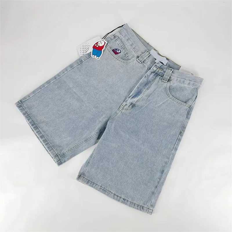 Men's Shorts Y2k Retro Jean Shorts Womens Cartoon Embroidery Knee Length Baggy Jeans Wide Leg Denim Short Pants Mens Shorts z250219