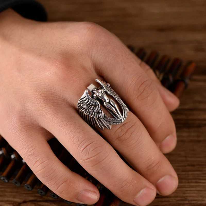 Retro Cross Angel Wings Ring For Men Silver Color Punk Gothic Open Ring Handmade Rock Hiphop Unisex Jewelry Accessories Man GiftXJ250219