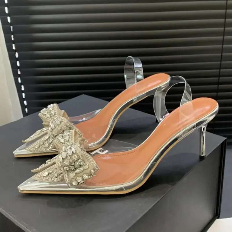 2025 Spring Design Crystal PVC Transparent Woman Pumps Elegant Style Thin High Heels Party Prom Female Mule Shoes