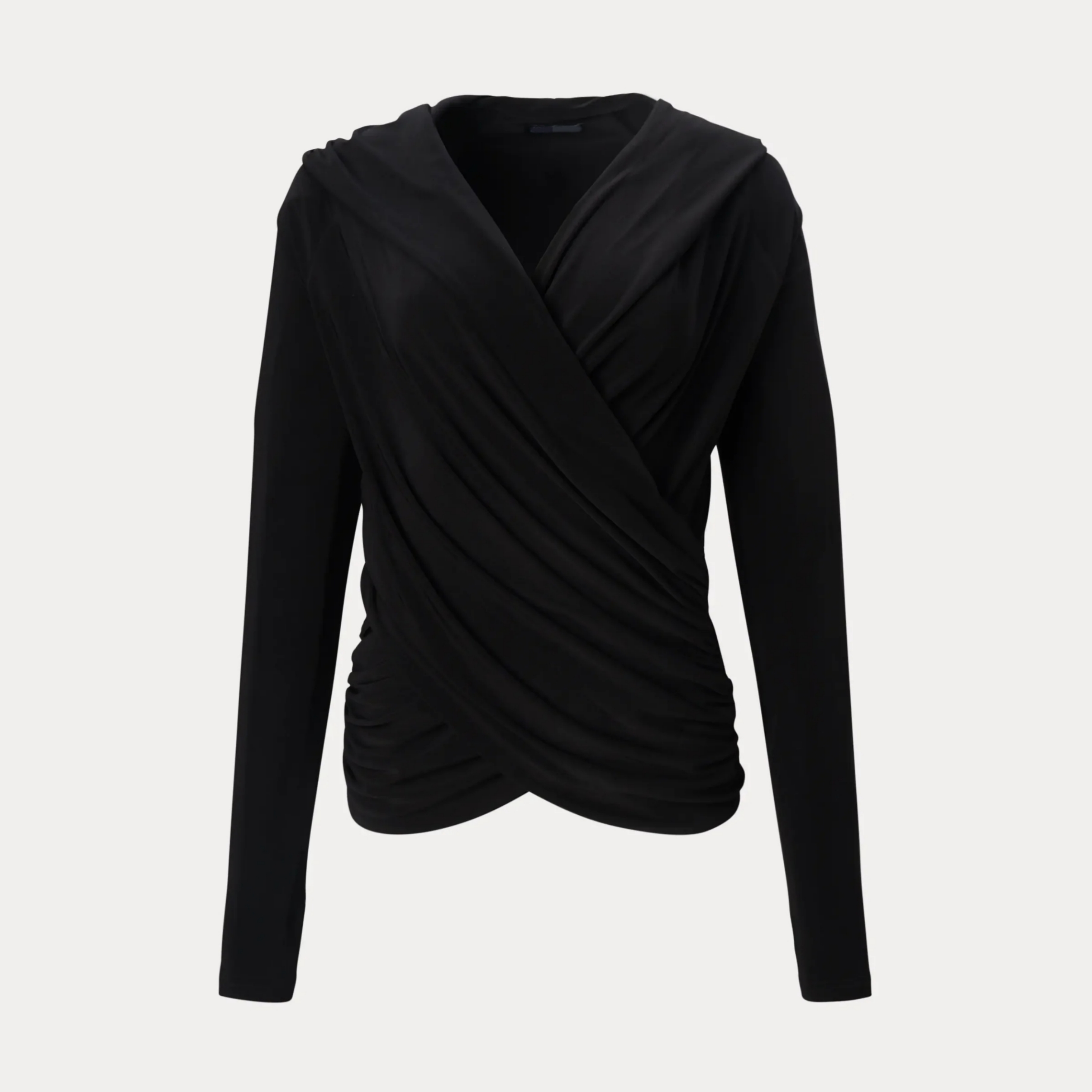 Global Export Order Chic Black Fitted Crossed V-neckline Hooded Sweater Top for Woman