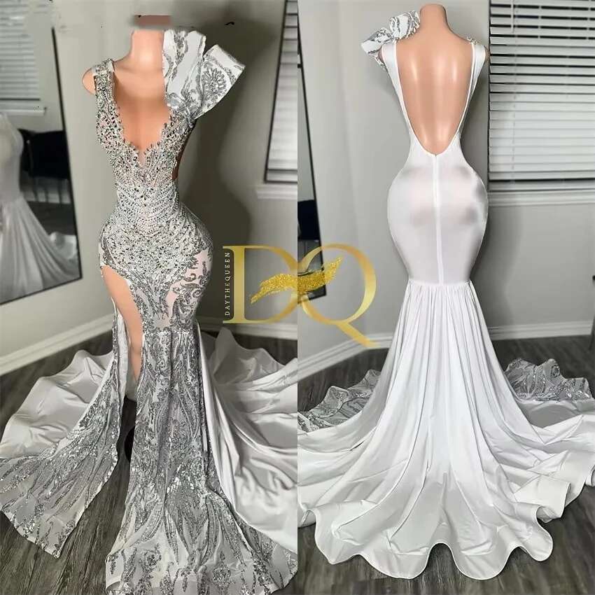 Mermaid Prom Dress es 2025 O-Neck Beading Sier Crystal Birthday Evening Gowns For Arabic Women Vetidso De Novia