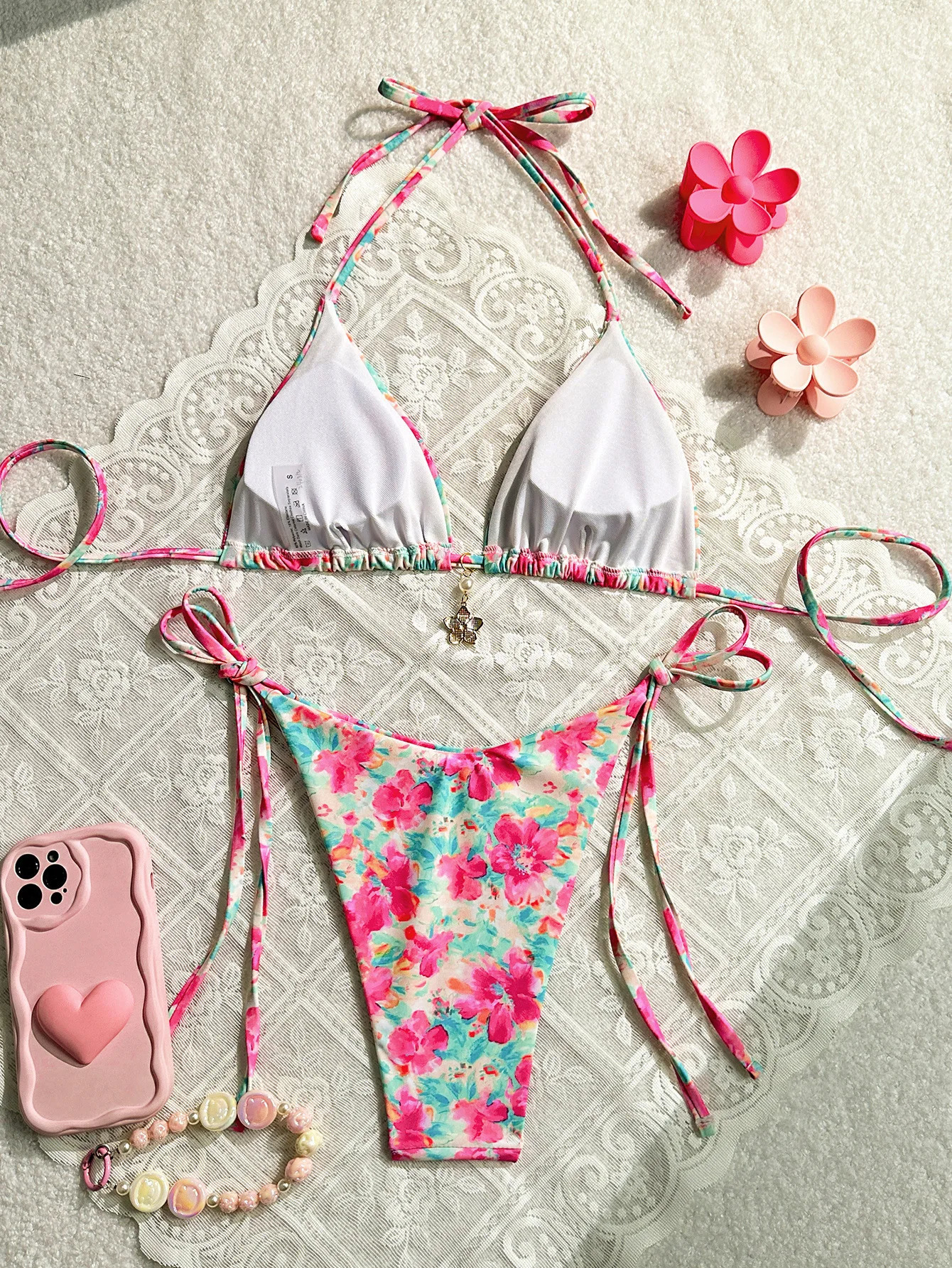 2025 Womens Bikini Set Pink Floral Print 2 Piece Swimsuit Sexy Triangle Push Up Halter Backless Swimwear Beach Bathing Suit 250219