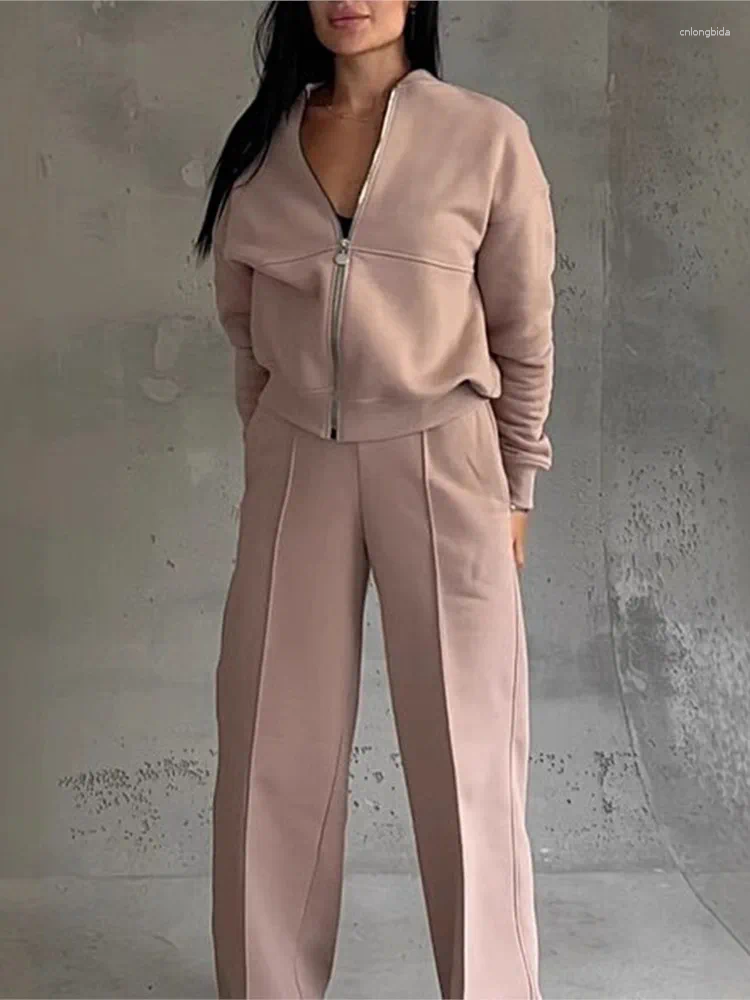 Womens Two Piece Pants Autumn Winter Female Loose Tracksuit Zipper Sweatshirt Coat Straight Pant Sports Suit Solid Color Casual Comfortable