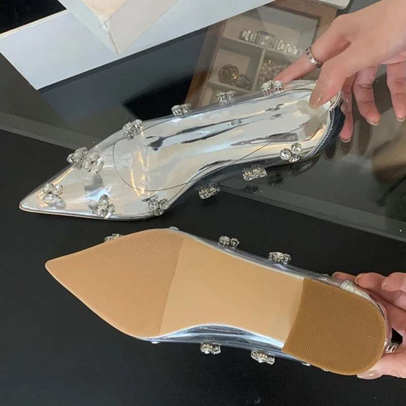 Spring Fashion Crystal PVC Transparent Women Pumps Elegant Pointed Toe Square Low Heels Sandals Ladies Shoes