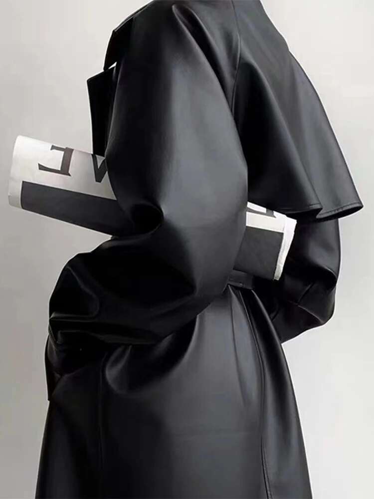 Oversized Leather Trench Coat For Women Long Sleeve Lapel Loose Lady Jacket With Belt Autumn New Vintage Streetwear