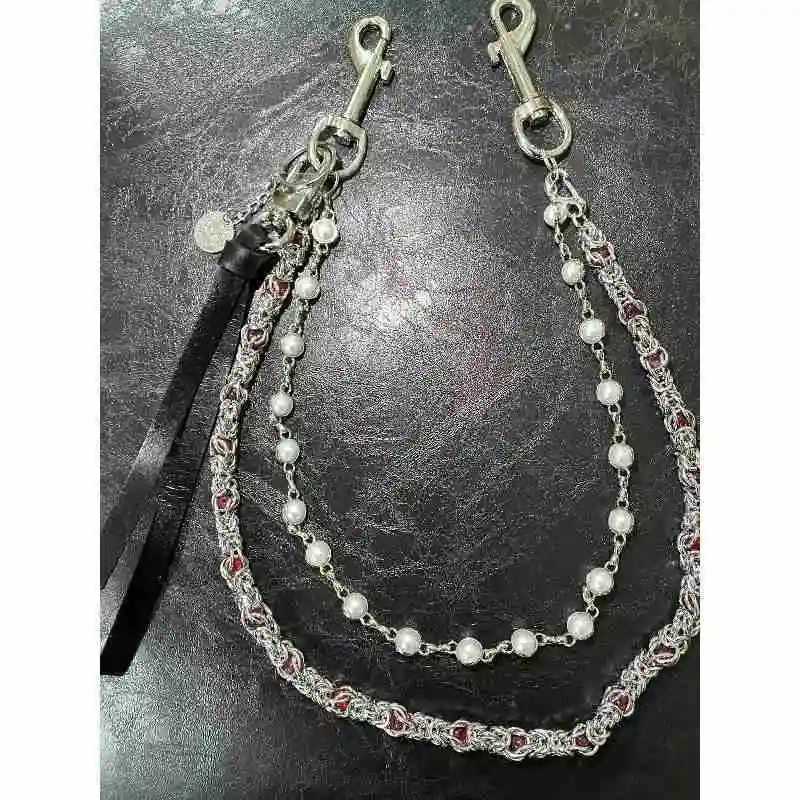 Fashionable and minimalst mens double-layer pearl sheepskin sheath with retro hip-hop punk style keychain y2k pants chain acce W250218