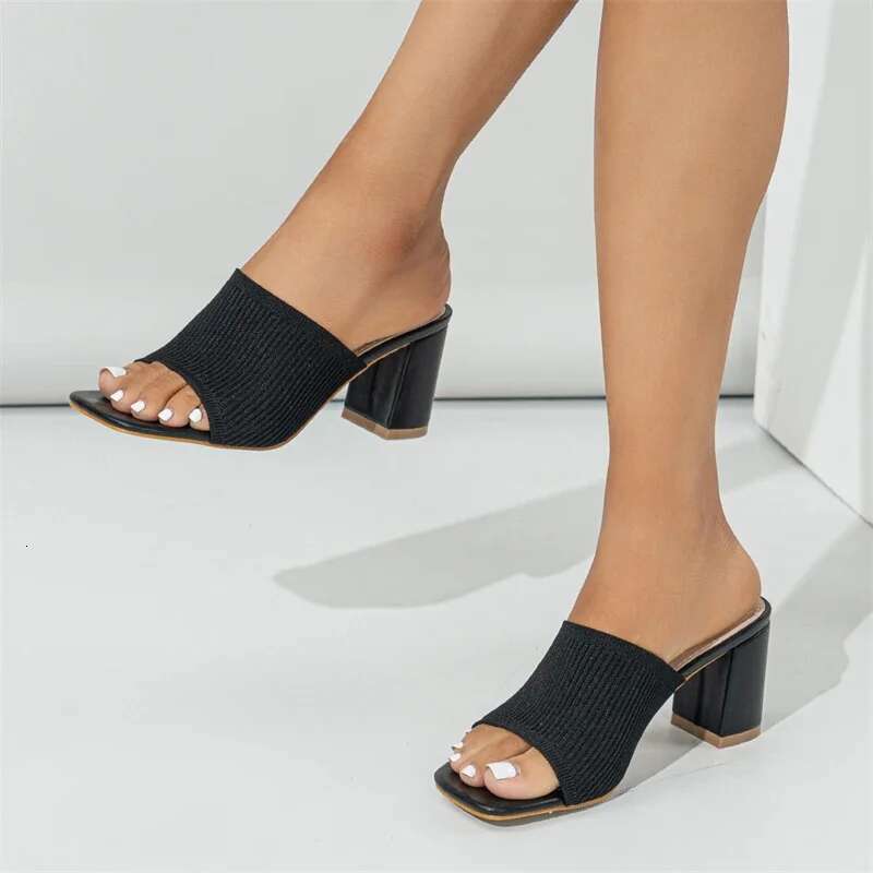 Design Cozy Elastic Fabric Women Slippers High Quality Summer Shoes Concise Square Chunky Heels atos De Mujer