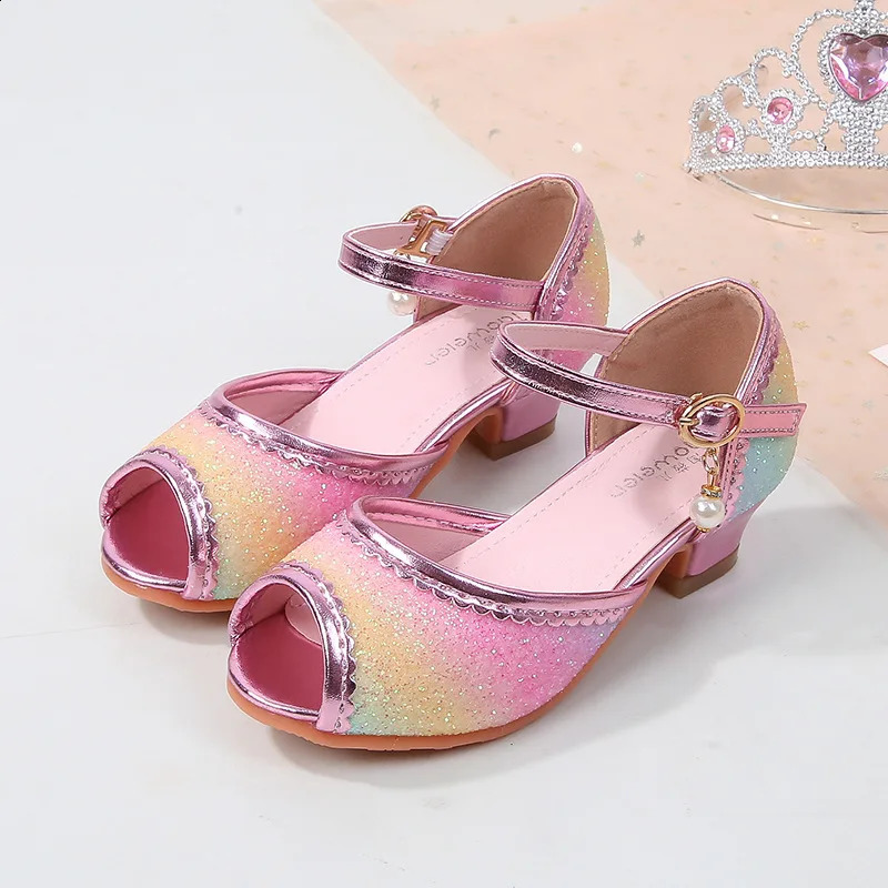 Sweet Girl Princess Dress Sandals Rainbow Sequins Children High Heels Glitter Spring Summer Kids Casual Shoes for Wedding Party 250218