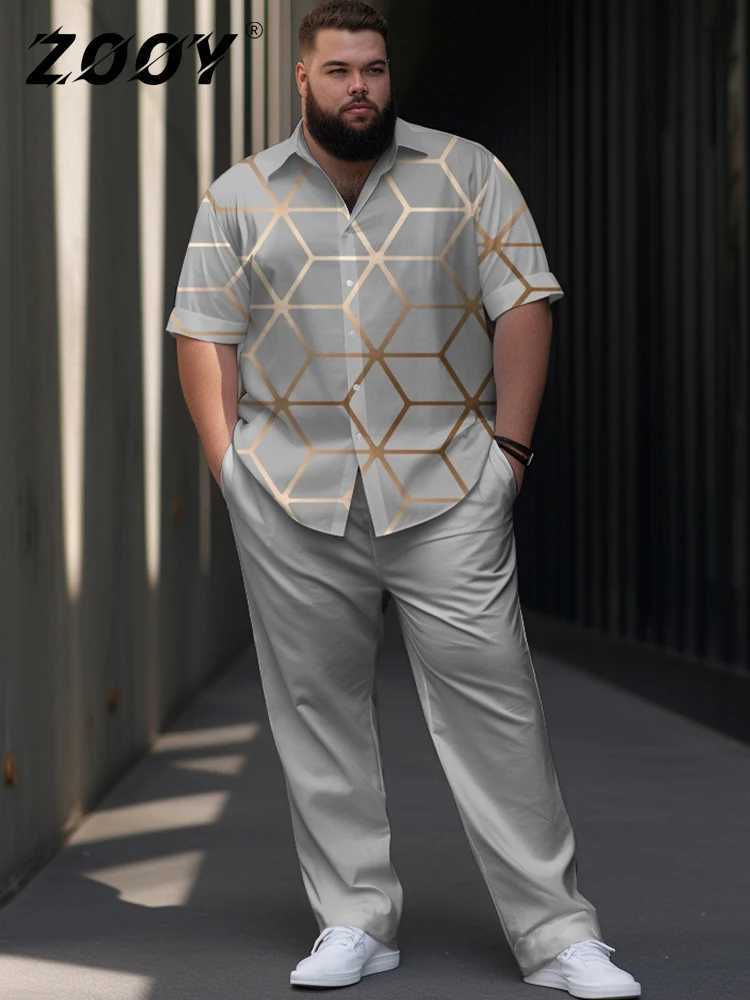 ZOOY (L-9XL) Mens Large Set Waist 166cm Gradient Color Block Texture Simple Casual Short sleeved Shirt and Pants SetXJ250218