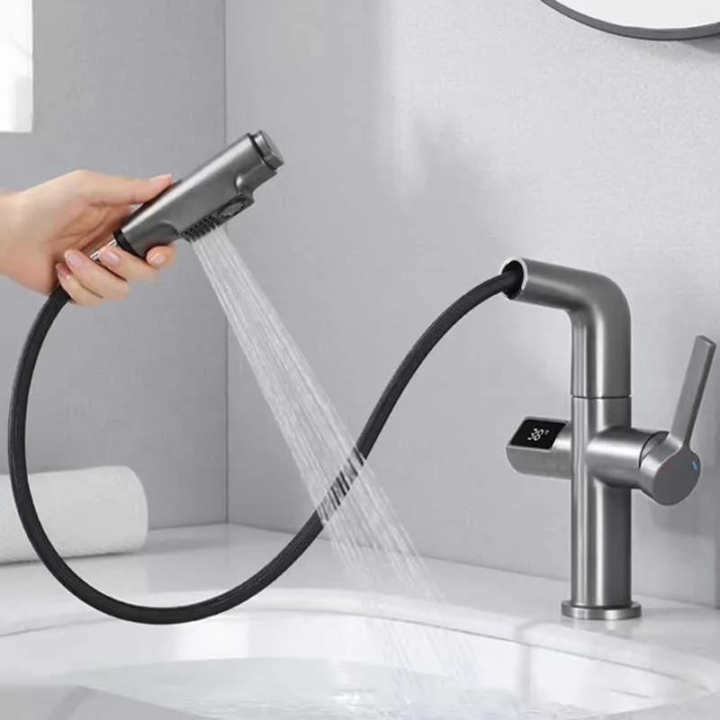 LCD Digital Display Bathroom Basin Faucet Pull out Basin Tap Hot Cold Bathroom Kitchen Faucet Brass Deck Mount Sink Mixer Tap