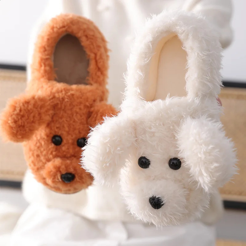 Comwarm Cute Dog Short Plush Slippers For Women Winter Warm Furry Cotton Shoes Couples Home Indoor Bedroom Cozy Slippers 250213