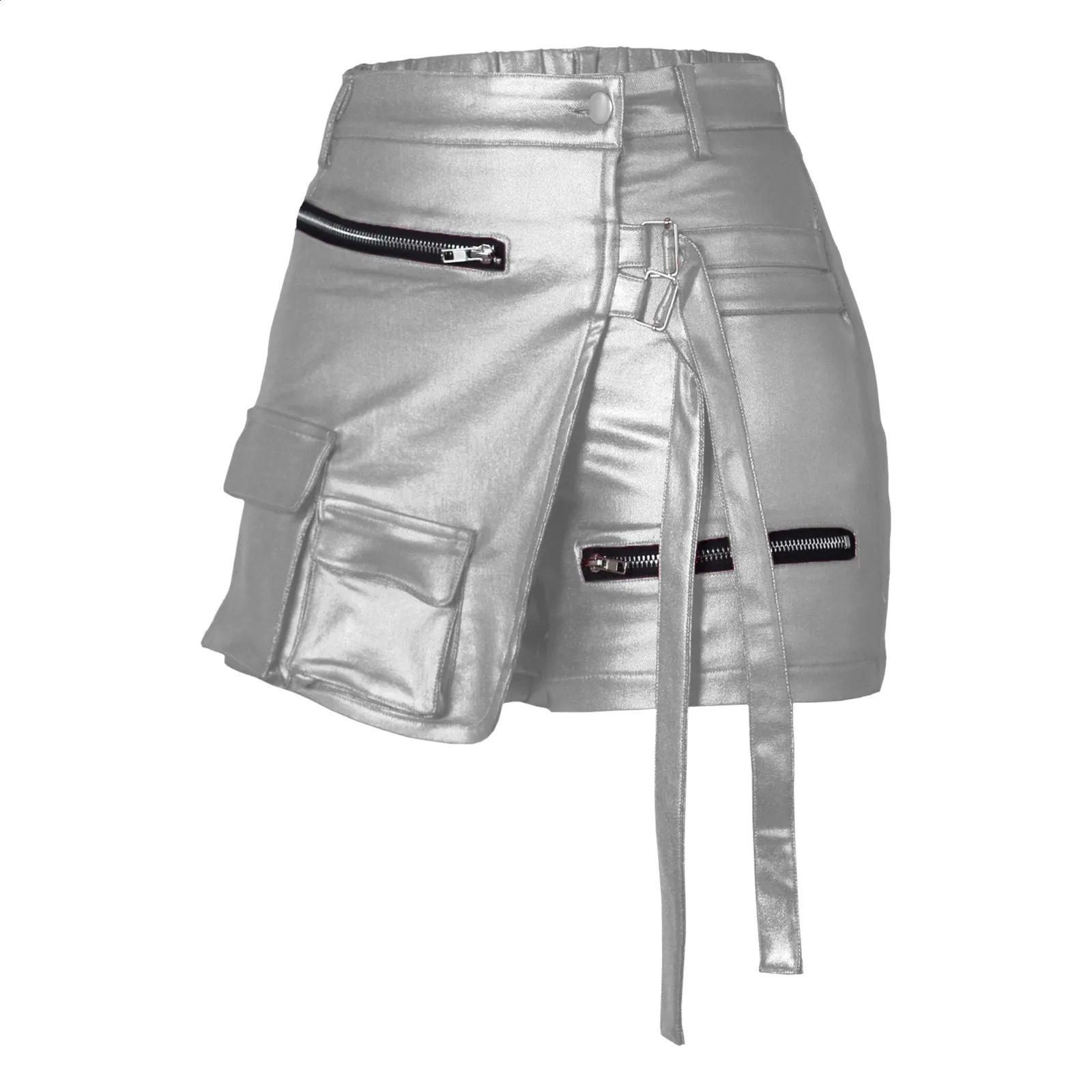 Womens Clothing Trend 2024 Fashion Sexy Solid Color Shorts Patchwork Zipper Package Hip Short Leather Skirt 250213