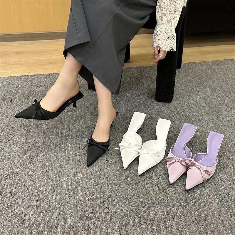 Spring Summer Silk Butterfly-knot Women's Slippers Sandals Pointed Toe High Heel Pumps Ladies Stripper Mules Shoe